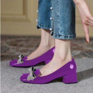 YDN Purple Squared Toe Tassel Pumps Rhinestone Bow Chunky Low Heel Slip On Shoe